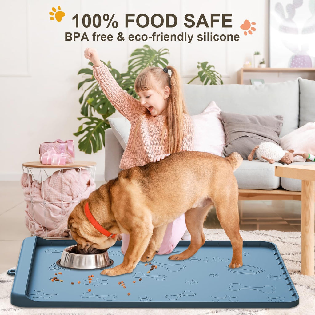 Dog Food Mat - Silicone Dog Mat for Food and Water - 36" x 24" Large Pet Feeding Mats with Residue Collection Pocket - Waterproof Dog Cat Bowl Mat with High Edges to Prevent Water Food Spills