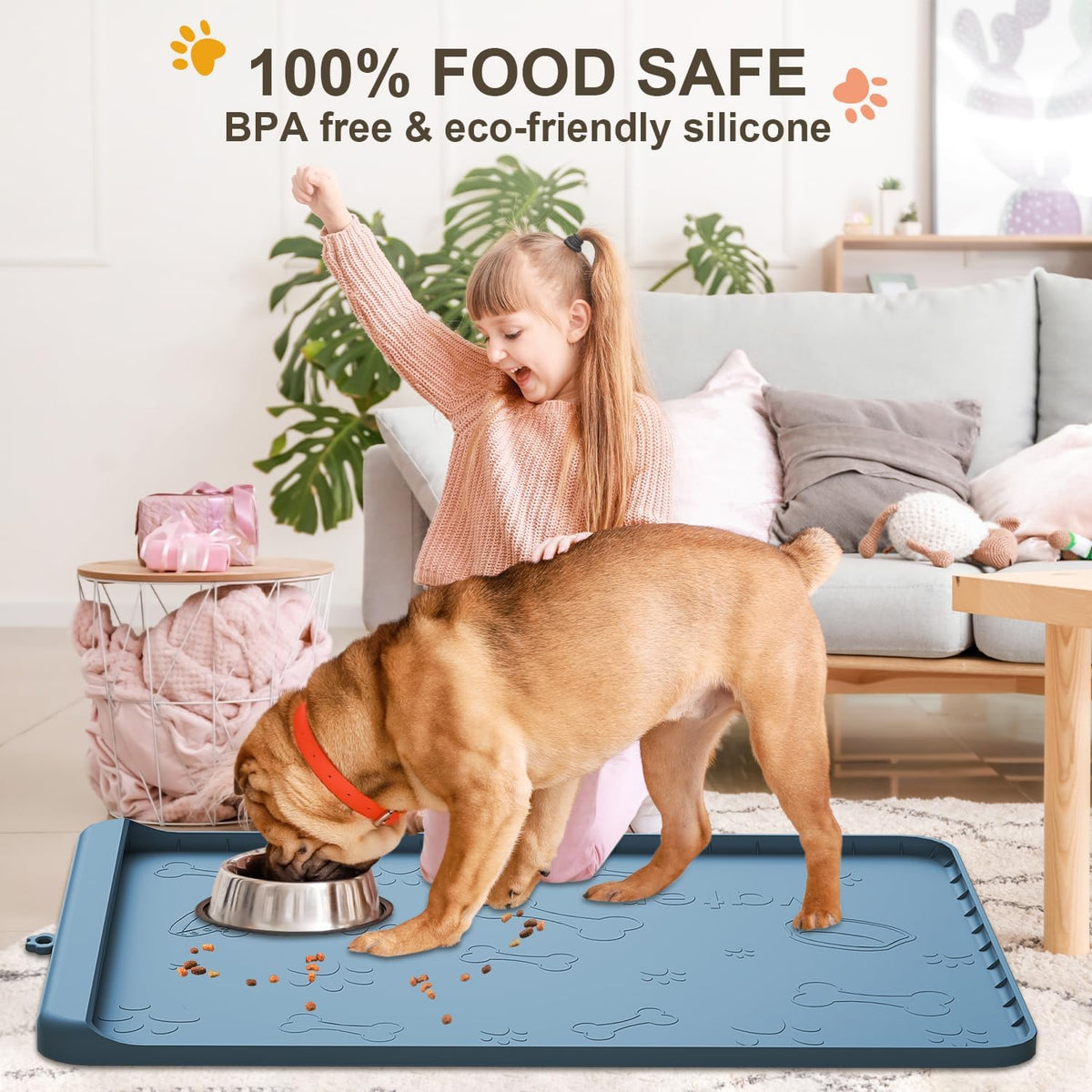Dog Food Mat - Silicone Dog Mat for Food and Water - 36" x 24" Large Pet Feeding Mats with Residue Collection Pocket - Waterproof Dog Cat Bowl Mat with High Edges to Prevent Water Food Spills