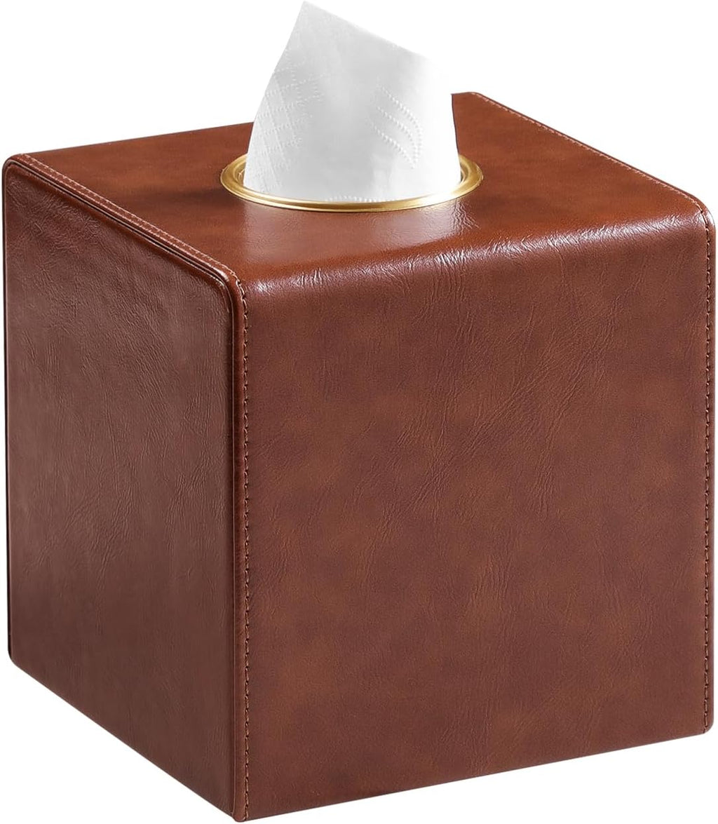 Square Tissue Box Cover with Magnetic Closure, Brown