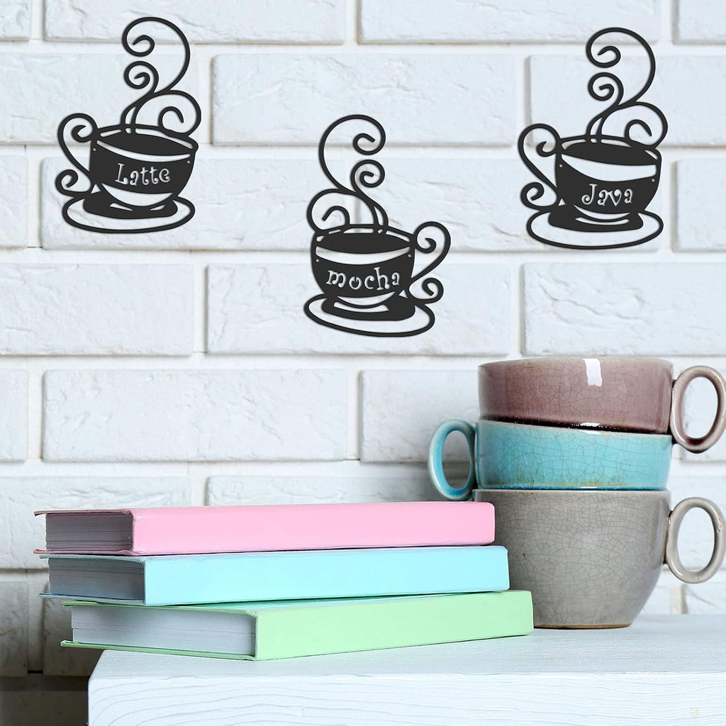 Hotop 4 Pcss Metal Coffee Cup Wall Art Decor Coffee Decor, Black