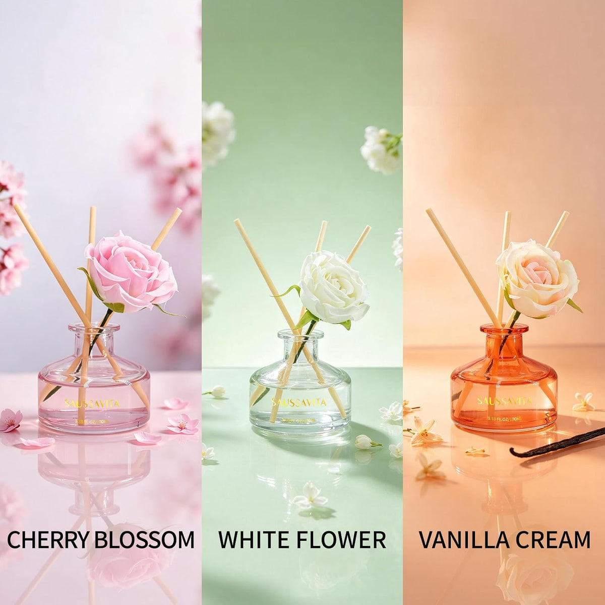 Reed Diffuser Set 3 Pack Cherry Blossoms White Flower Vanilla Scented Air Freshener, Reed Diffusers for Home 3.38oz Each, Long Lasting Home Fragrance for Home Bathroom Office Shelf Decor