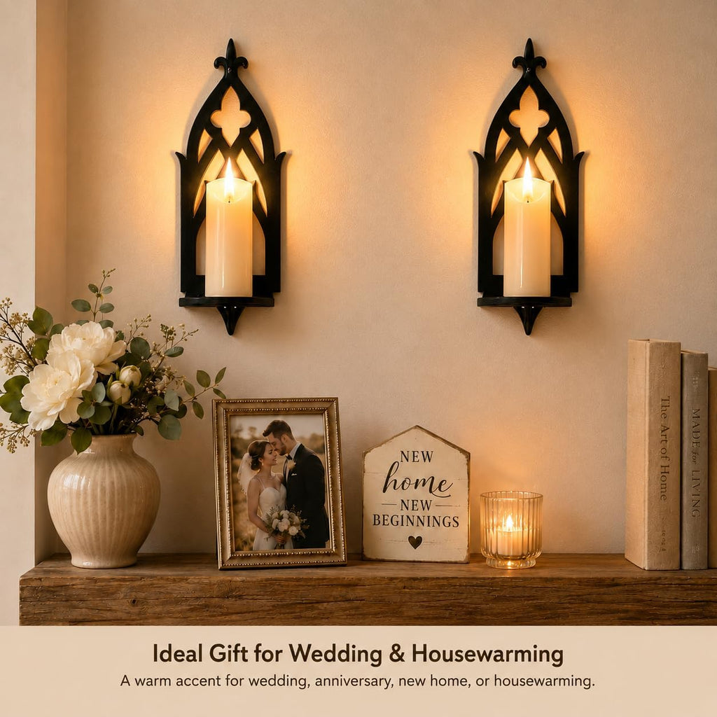 Wall Candle Sconces Set of 2, Victorian Gothic Metal Candle Holders for Pillar, Tealight, and LED Candles, Decorative Wall Decor for Living Room Dining Room (Black)