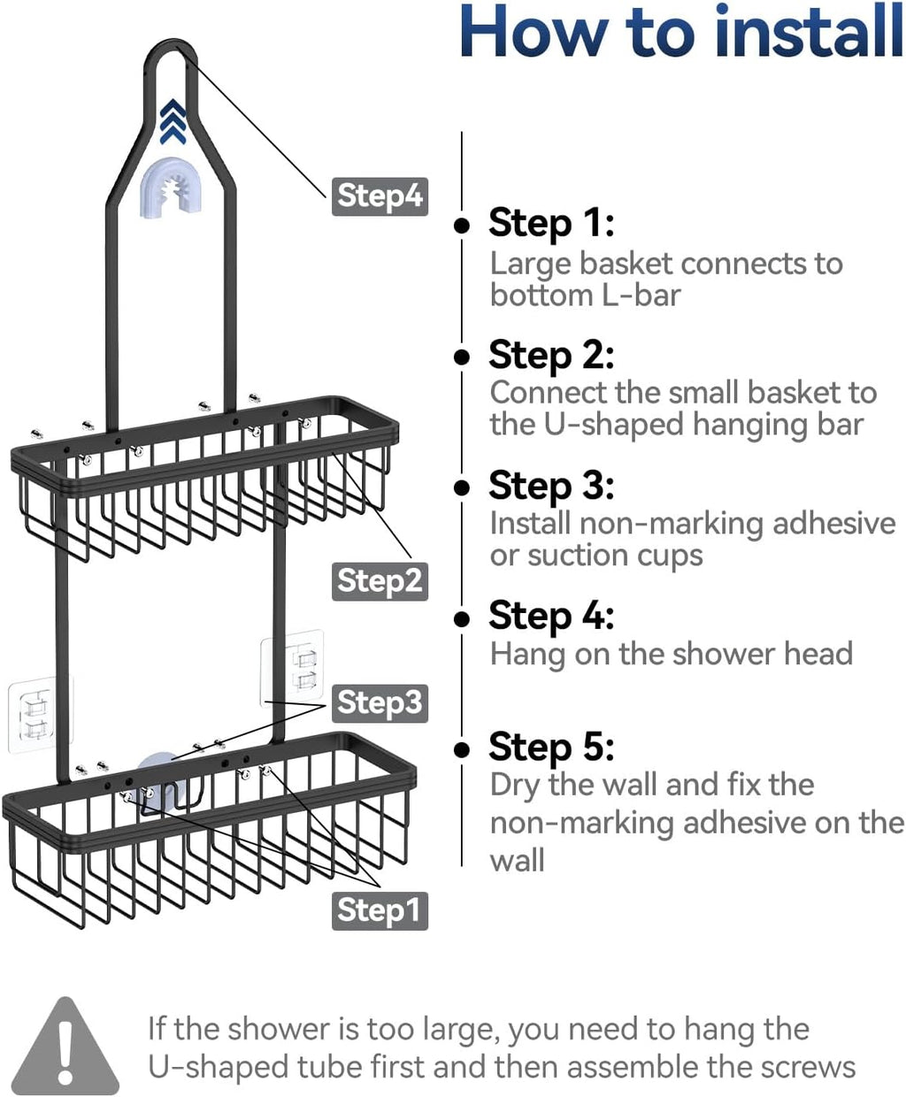 YASONIC Never Rust Shower Caddy Hanging, Aluminum Shower Racks for Inside Shower, 2-Tier Shower Organizer Hanging Over Shower Head with Hooks and Soap Holder, Black