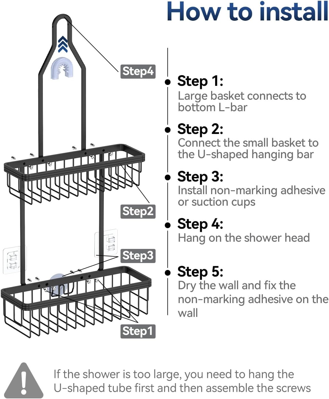 YASONIC Never Rust Shower Caddy Hanging, Aluminum Shower Racks for Inside Shower, 2-Tier Shower Organizer Hanging Over Shower Head with Hooks and Soap Holder, Black