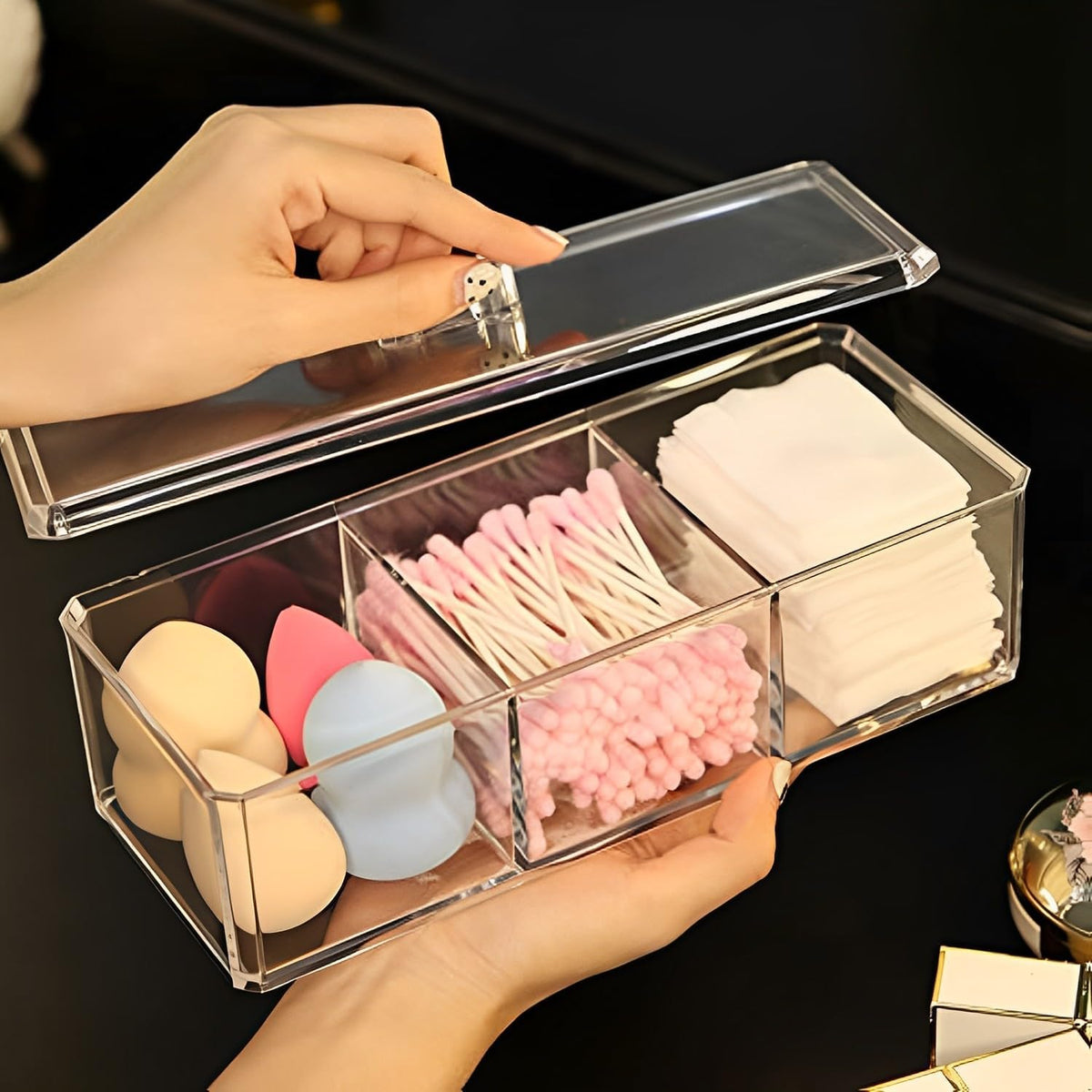 Sooyee Qtip Holder Rectangle Cotton Ball and Swab Holder Organizer with Lid, Dustproof,Waterproof,Clear Acrylic 3 Compartment Cotton Pad Container for Cotton Swabs, Make Up Pads, Cosmetics