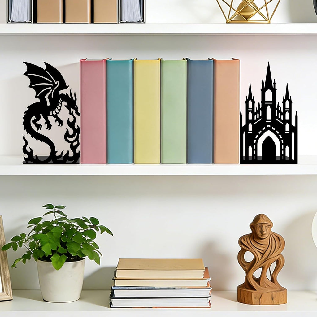 2pcs Castle Dragon Metal Bookends Middle Ages Heavy Duty Adjustable Book Stopper for Shelves and Desk Decorative Black Bookends for Heavy Books Cookbooks Vinyl Records with Non-Slip Pads