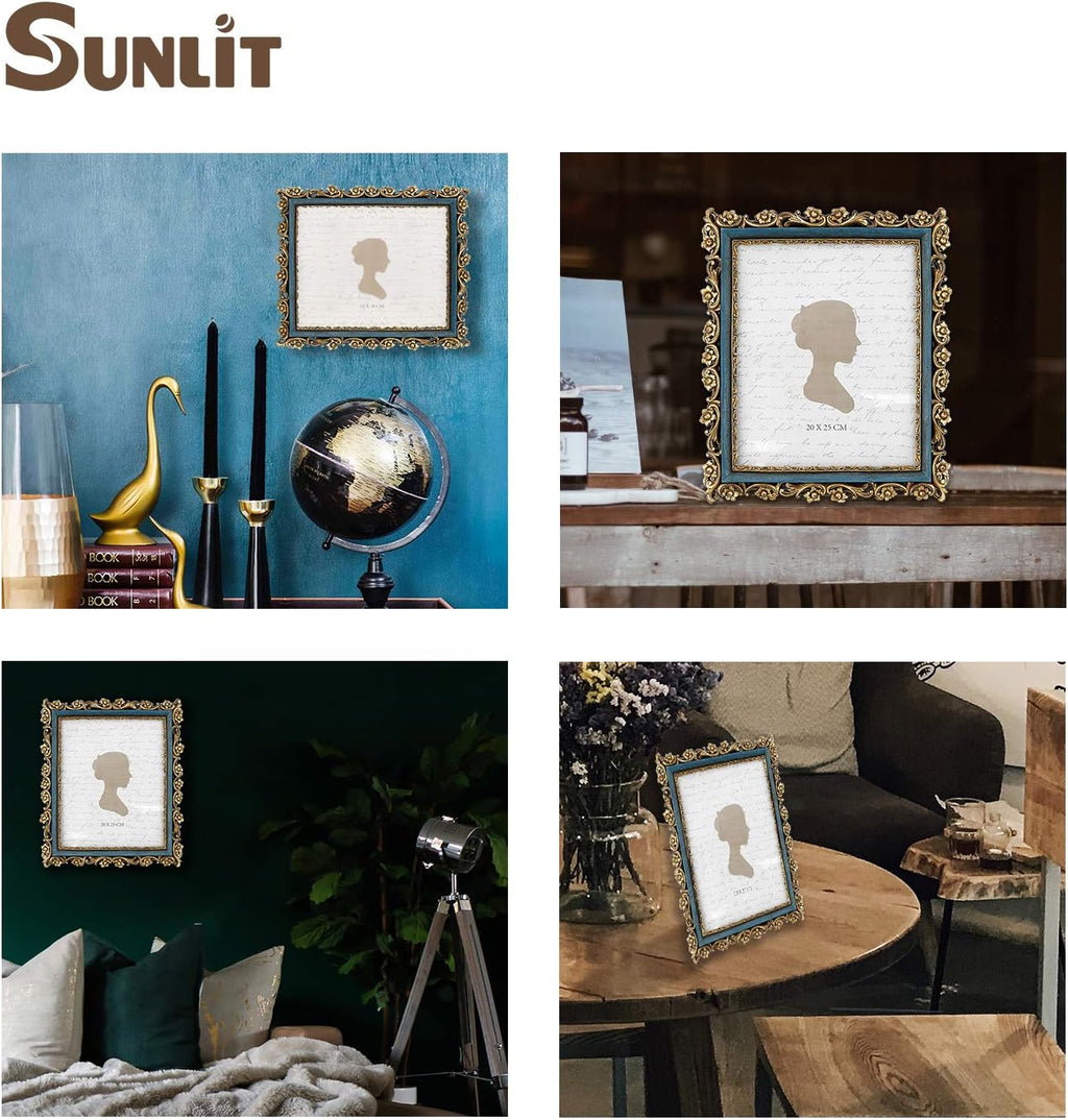 Sunlit Vintage Picture Frame 8x10 Inch, Luxury Antique Photo Frames with Glass Front, Photo Display, Tabletop Wall Hanging, Gift Ideas, Gold and Blue