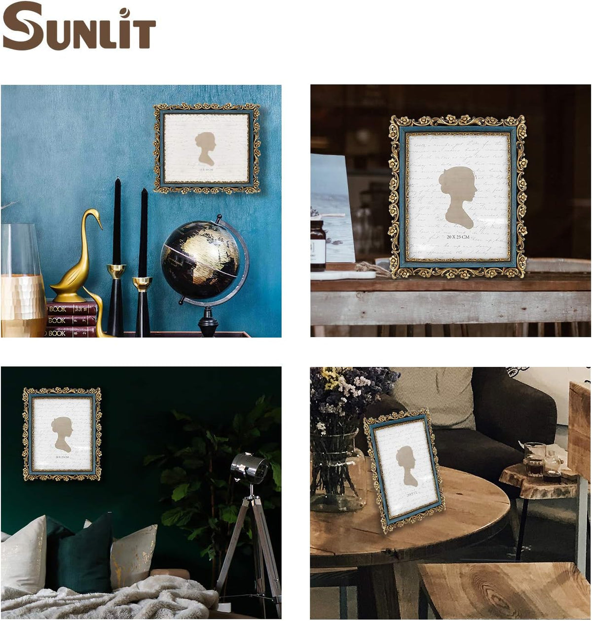 Sunlit Vintage Picture Frame 8x10 Inch, Luxury Antique Photo Frames with Glass Front, Photo Display, Tabletop Wall Hanging, Gift Ideas, Gold and Blue