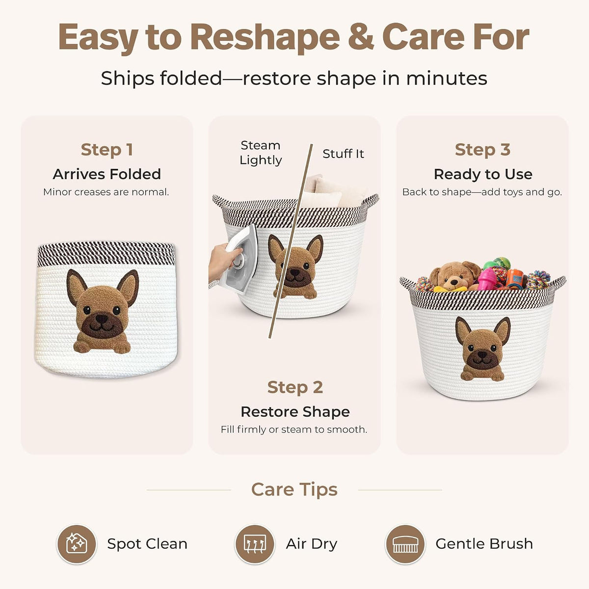 French Bulldog Dog Toy Basket, Pug and Boston Terrier, Cotton Rope Bin