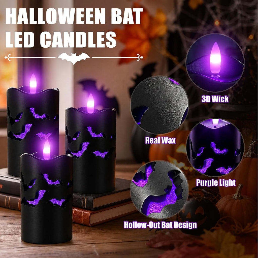 Halloween Flameless Pillar Candles with Bat Cutouts, Remote Control, 3 Pack