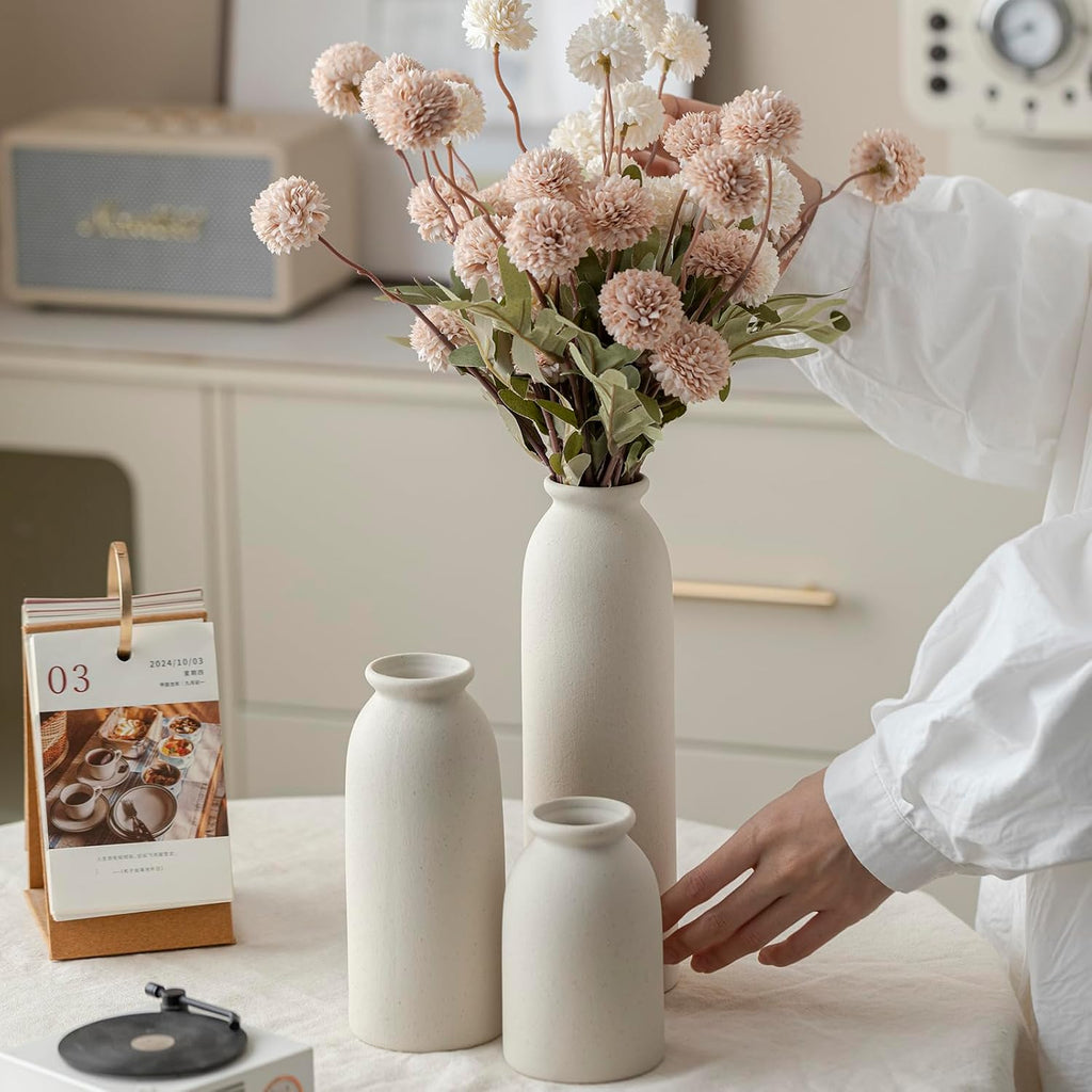 Ceramic Vase Set-3, 10.3 Inch Tall Flower Vases for Decor, Modern Boho Farmhouse Style, Decorative Vases for Pampas Grass & Dried Flowers, Distressed Finish (L Beige)