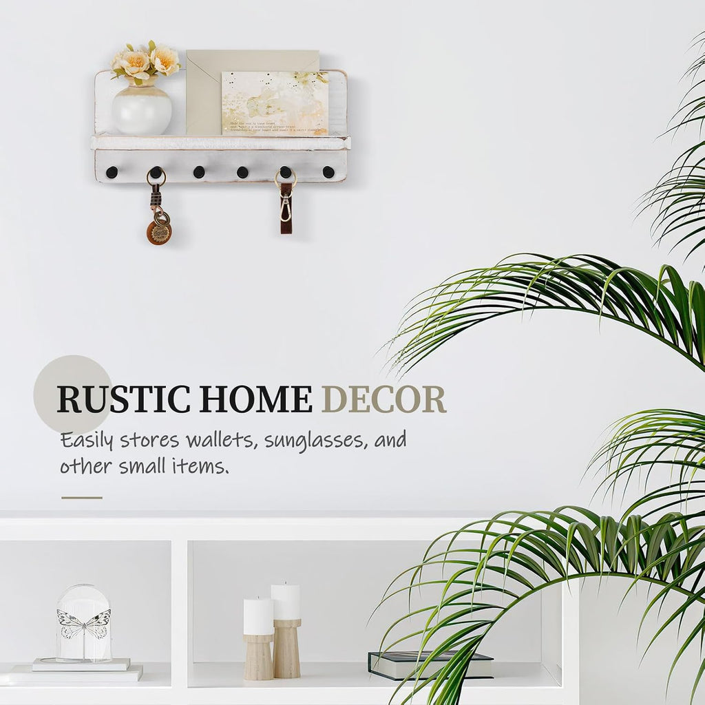 Nekon Key Holder for Wall with Shelf, Pine Wooden Key Hanger, Rustic White