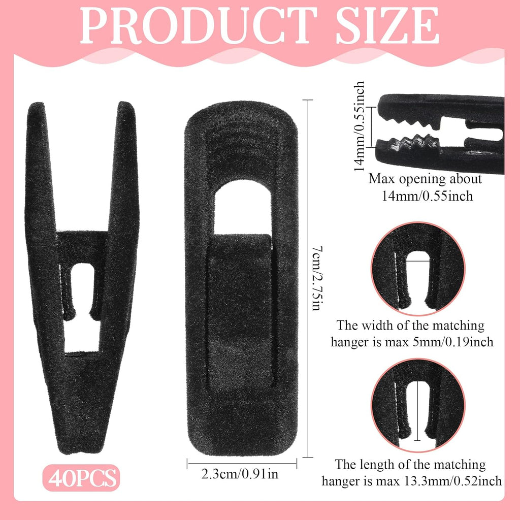 Black Velvet Hangers Clips, 40 Pack Strong Finger Clips Velvet Pants Hanger Velvets Clip Skirt Hanger Clip for Thin Velvets Clothes Suit Hangers
