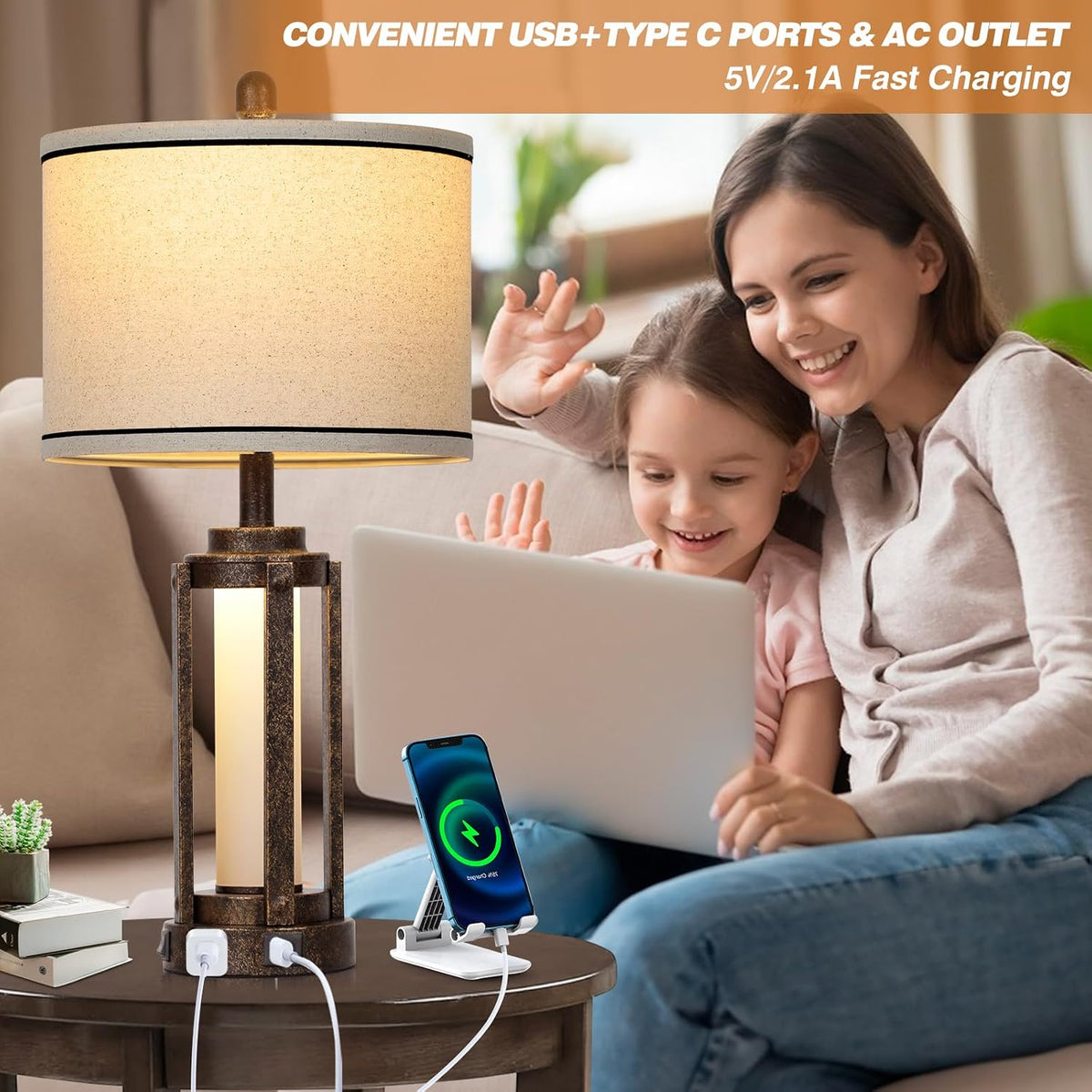 Farmhouse Industrial Lamp with USB A+C Charging Ports & AC Outlet, 26" Vintage Rustic Retro Table Lamp with Glass LED Night Light & Linen Fabric Shade for Living Room Bedrooms Single(2 Bulbs Included)