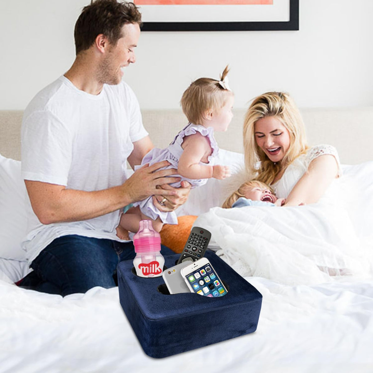 Couch Cup Holder Pillow Tray & Caddy - for Sofa, Bed, Car, Man Cave | Keep Drinks at Hand & Spill-Proof Accessories for New Parents, Camping, Park, Boat, Beach - Navy Blue