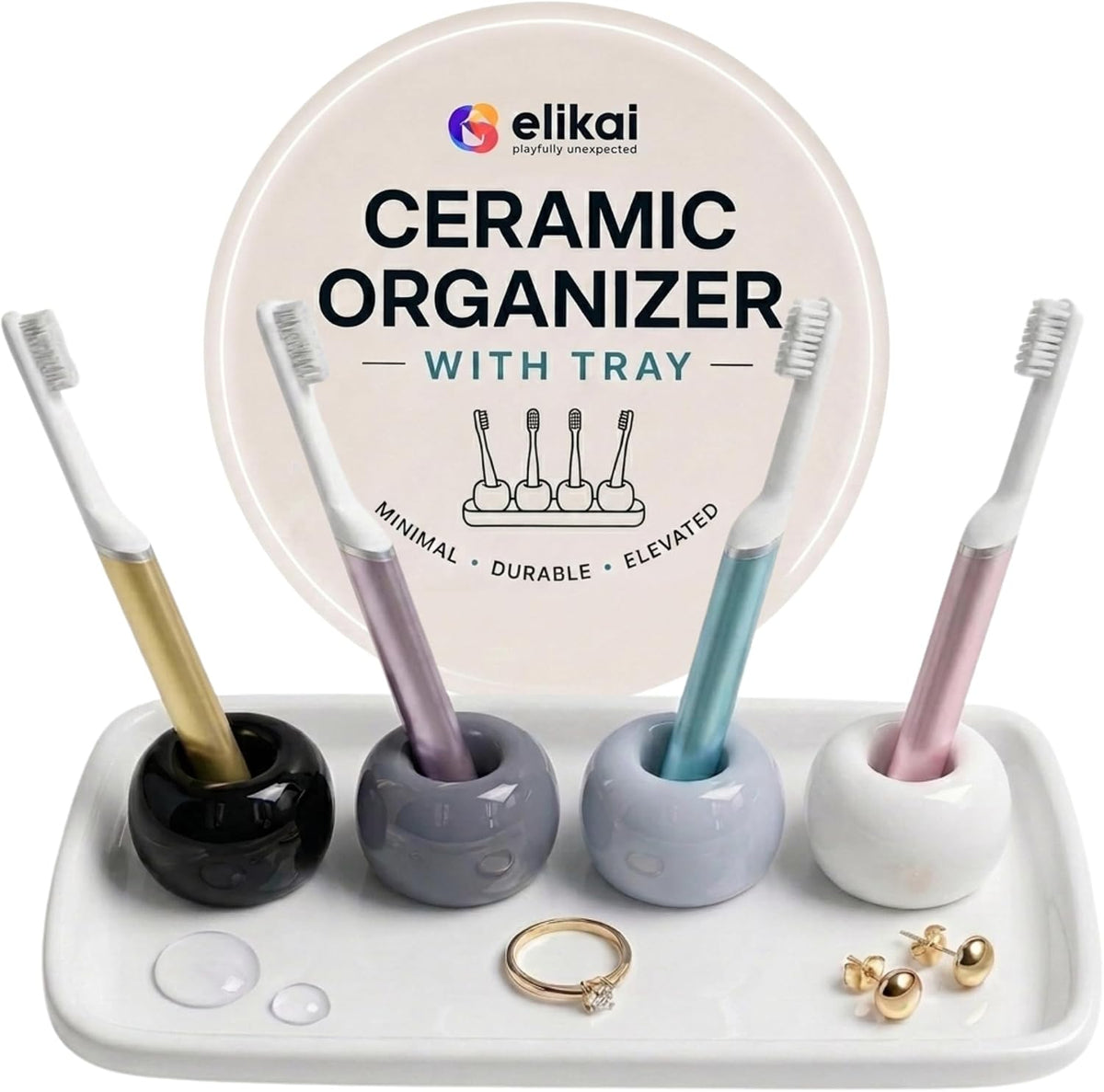 ELIKAI Ceramic Toothbrush Holders with Bathroom Tray, Countertop Organizer for Toothbrushes and Accessories, Hygienic Individual Holder Set (Black, Grey & White, 4 Holders)