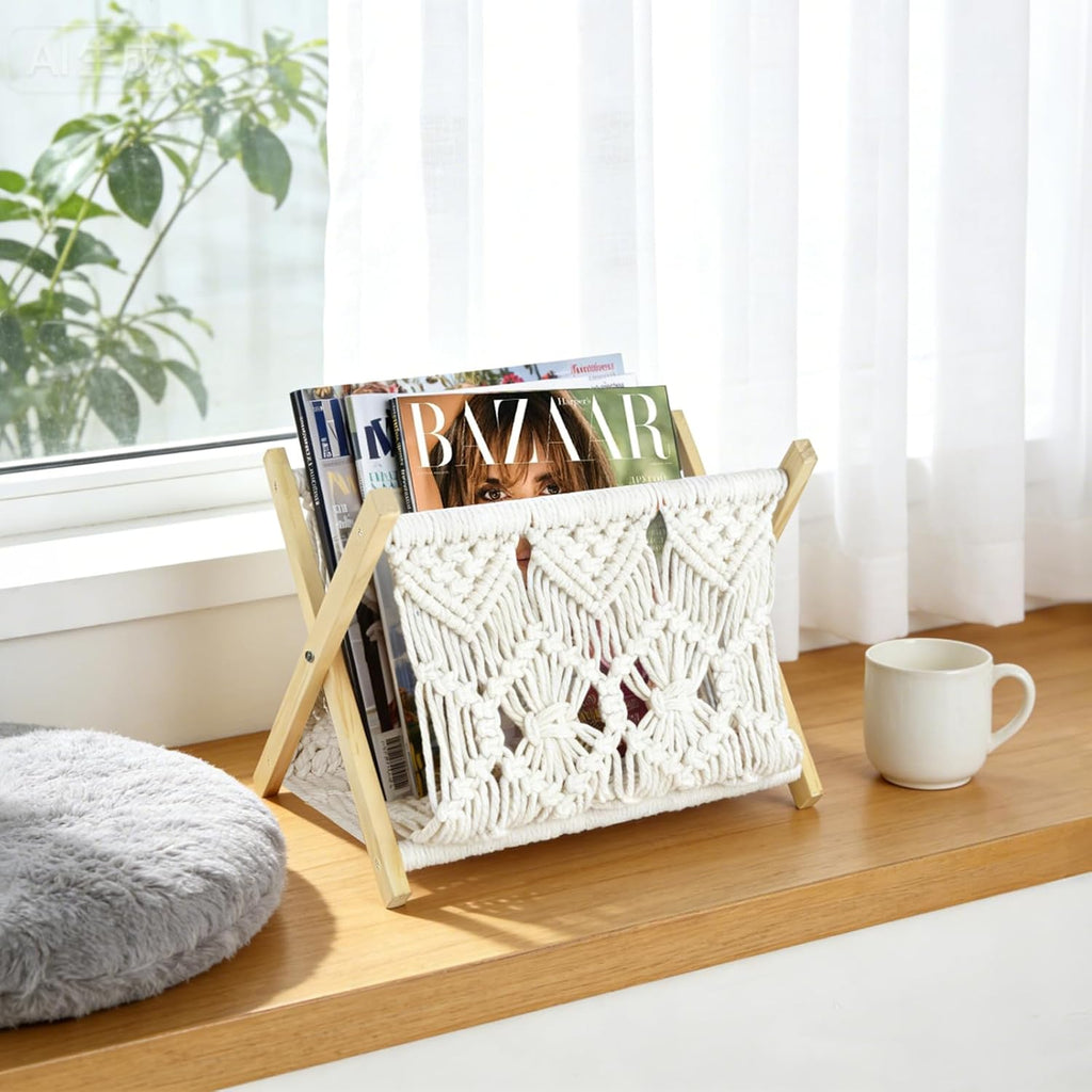 Boho Macrame Magazine Holder,Hand-Woven Magazine Rack for Home Office