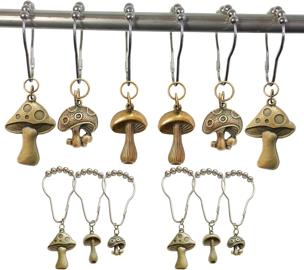 Mushroom Shower Curtain Hooks, 12Pcs Rustproof Metal Cute Retro Mushroom Shower Curtain Hooks Rings for Boho Fairy Forest Country Cottagecore Style Home Bathroom Decor (Bronze)