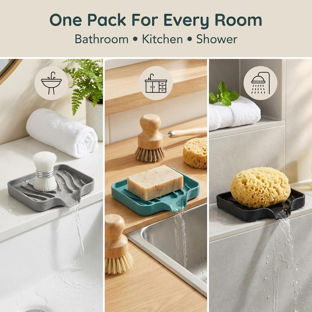 Self Draining Soap Dish with Drain Spout - Bar Soap Holder for Bathroom & Kitchen Sink - Flexible Non-Slip Silicone Soap Holder for Bar Soap, Sponge & Scrubber – 3 Pack