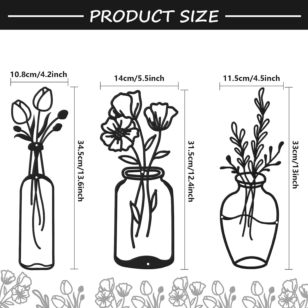 Hotop 3 Pcs Metal Flower Wall Art Decor Rustic Floral Walls Arts Iron Farmhouse Hanging Decor Black Minimalist for Kitchen Bathroom Living Room Housewarming Gift(4.2/4.5/5.5 Inches,Stylish Style)