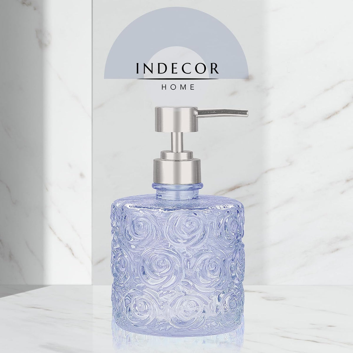 Marcella Glass Soap Dispenser with Soap Pump, Refillable 14 Ounce Capacity, Floral Design Rose Patterns, Heavy Weight Thick Glass for Bathroom, Premium Kitchen Soap Dispenser Cornflower Blue