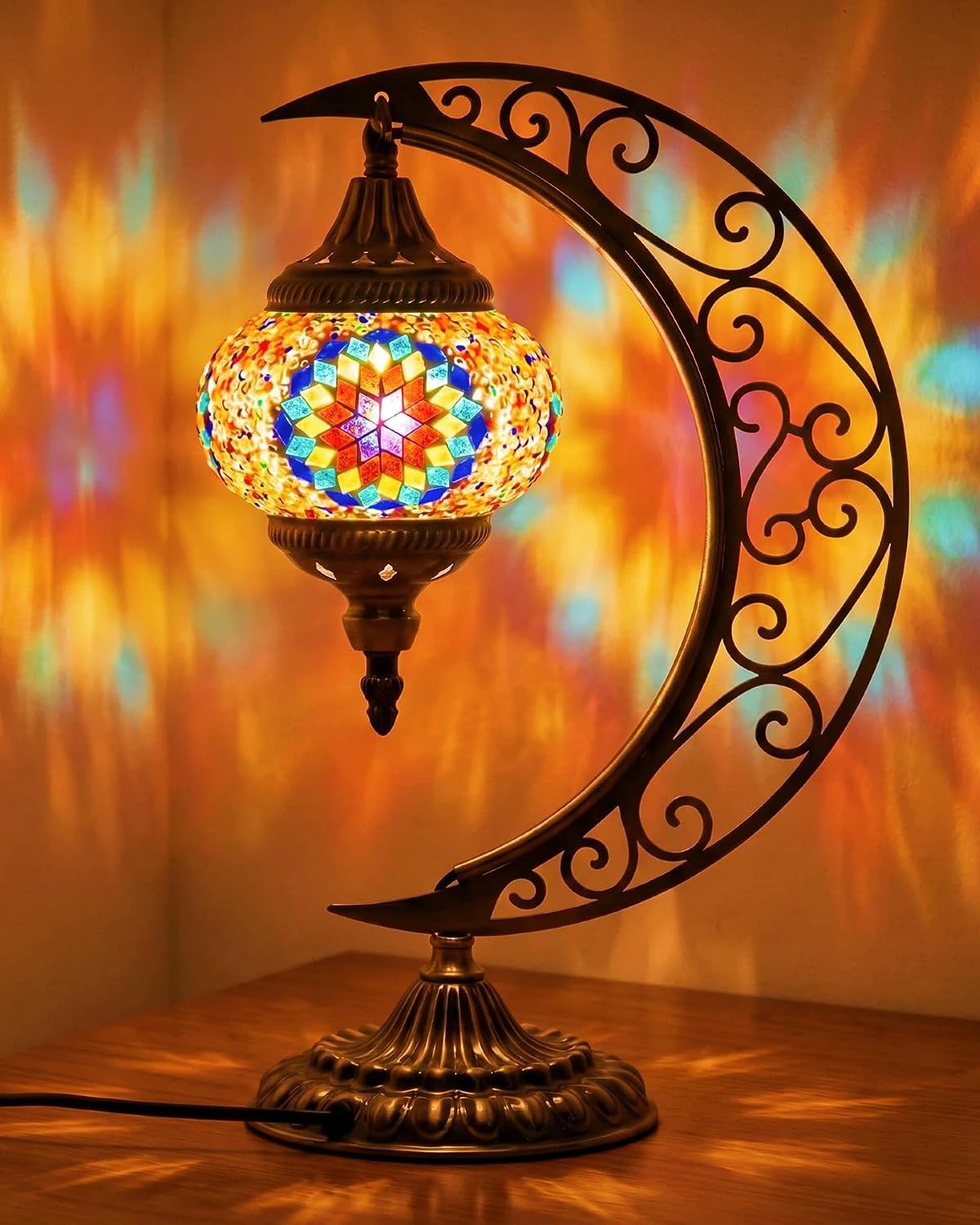 Hortsun Turkish Lamp Moon Shaped Moroccan Lamp Turkish Mosaic Stained Glass Table Light with Bronze Base Colorful Moroccan Globe Light for Decorative Home Designs