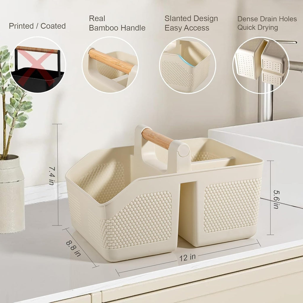 Plastic Shower Caddy Portable Shower Basket with Bamboo Handle, Cream