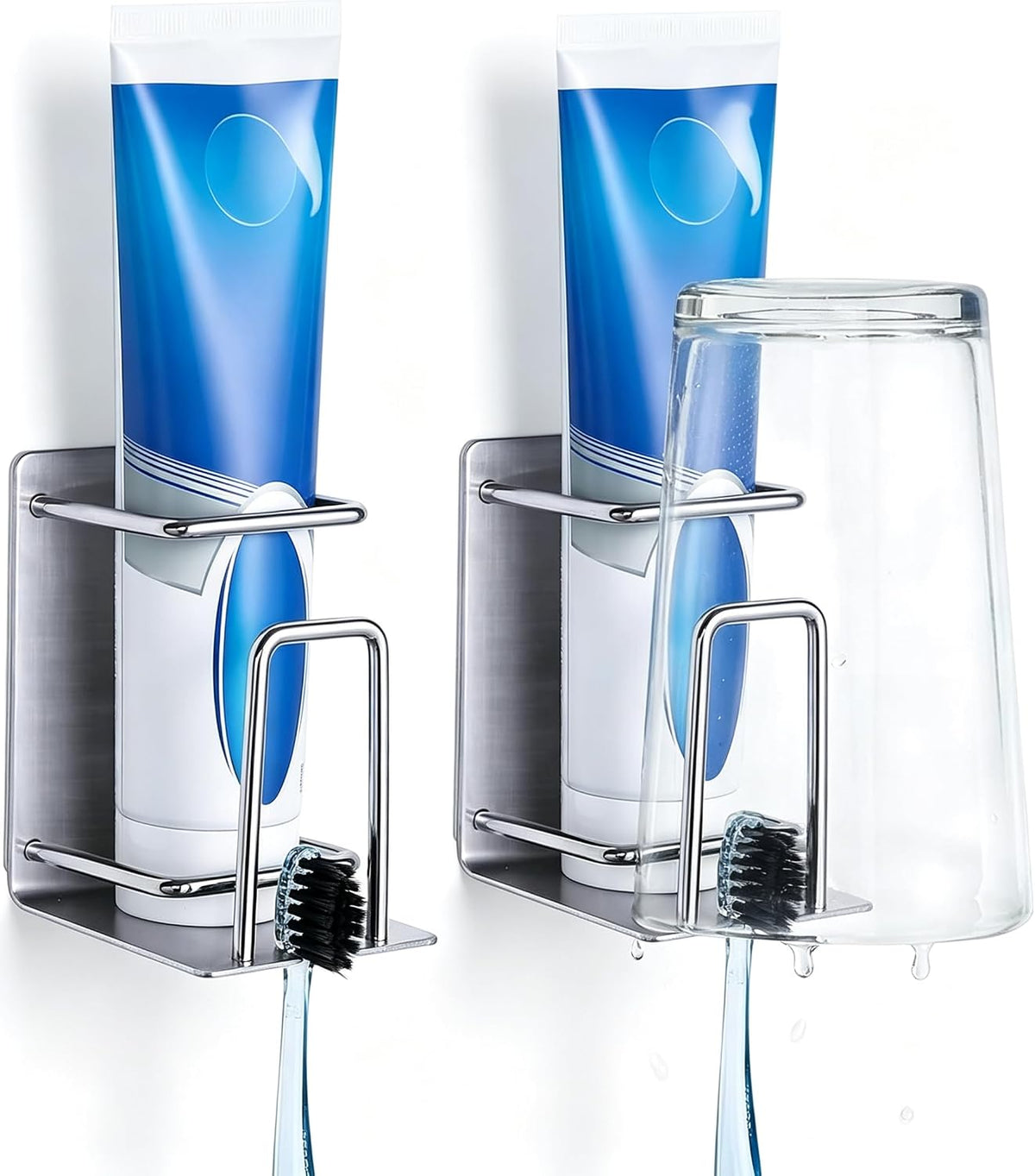 Toothbrush Holder Wall Mounted, Stainless Steel Bathroom Organizer for Electric Toothbrush, Toothpaste & Cup, No Drill Adhesive Shower Caddy (Silver,2 Pack)