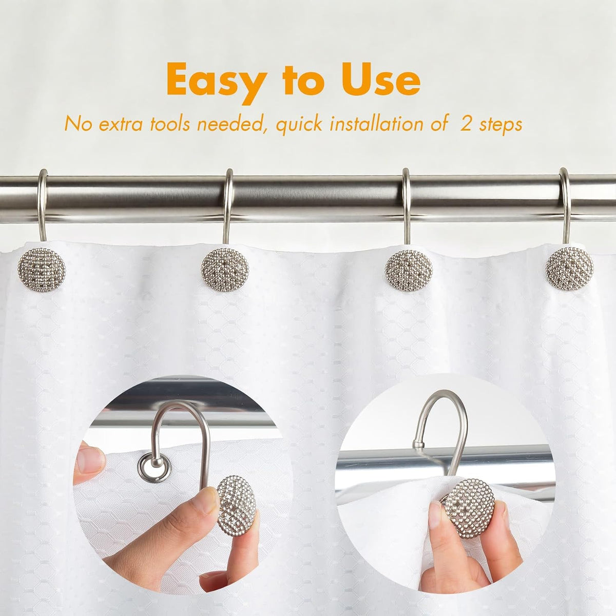 Pearlbee Nickel Shower Curtain Hooks,12pcs, Heavy Duty Rings for Shower Rod