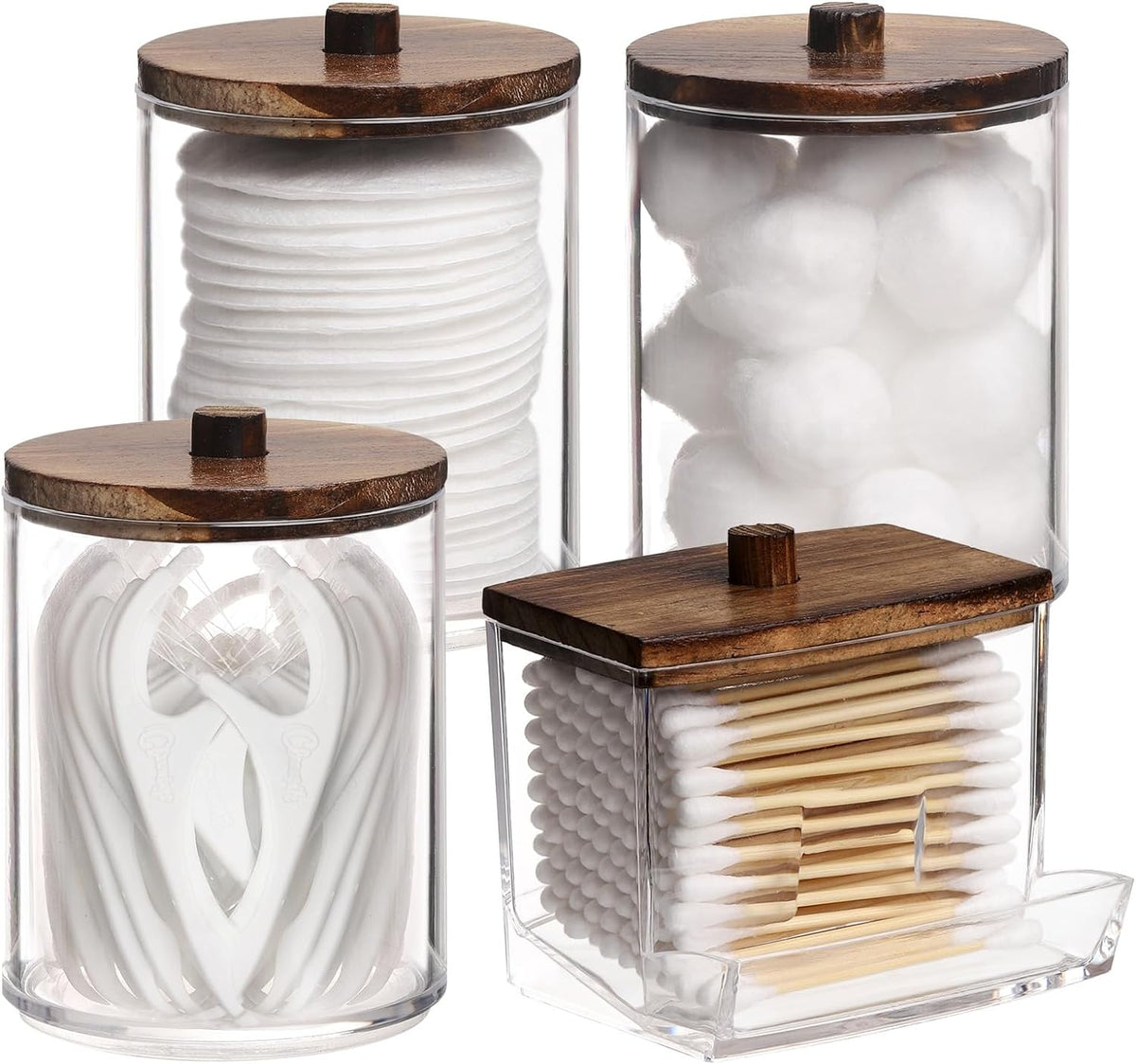 Tbestmax 4 Pack Qtip Holder Bathroom Container, 10/7oz Cotton Ball/Swabs Dispenser, Apothecary Jar with Bamboo Lids for Organizer and Storage (Brown)