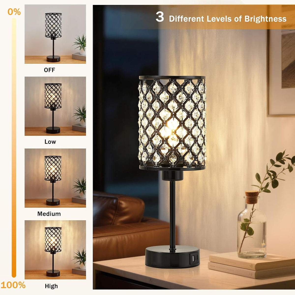 GyroVu Black Crystal Bedside Table Lamps Set of 2 with USB C+A Ports
