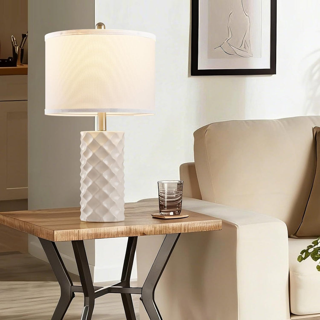 Star Diamond Ceramic Table Lamps Set of 2 - Beige Nightstand Lamps 23"