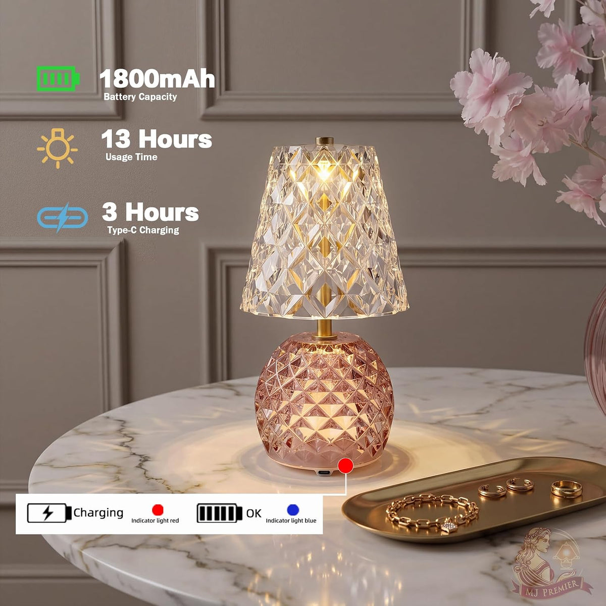 MJ PREMIER Rechargeable Table Lamp Cordless Mushroom Lamp with Timer Pink