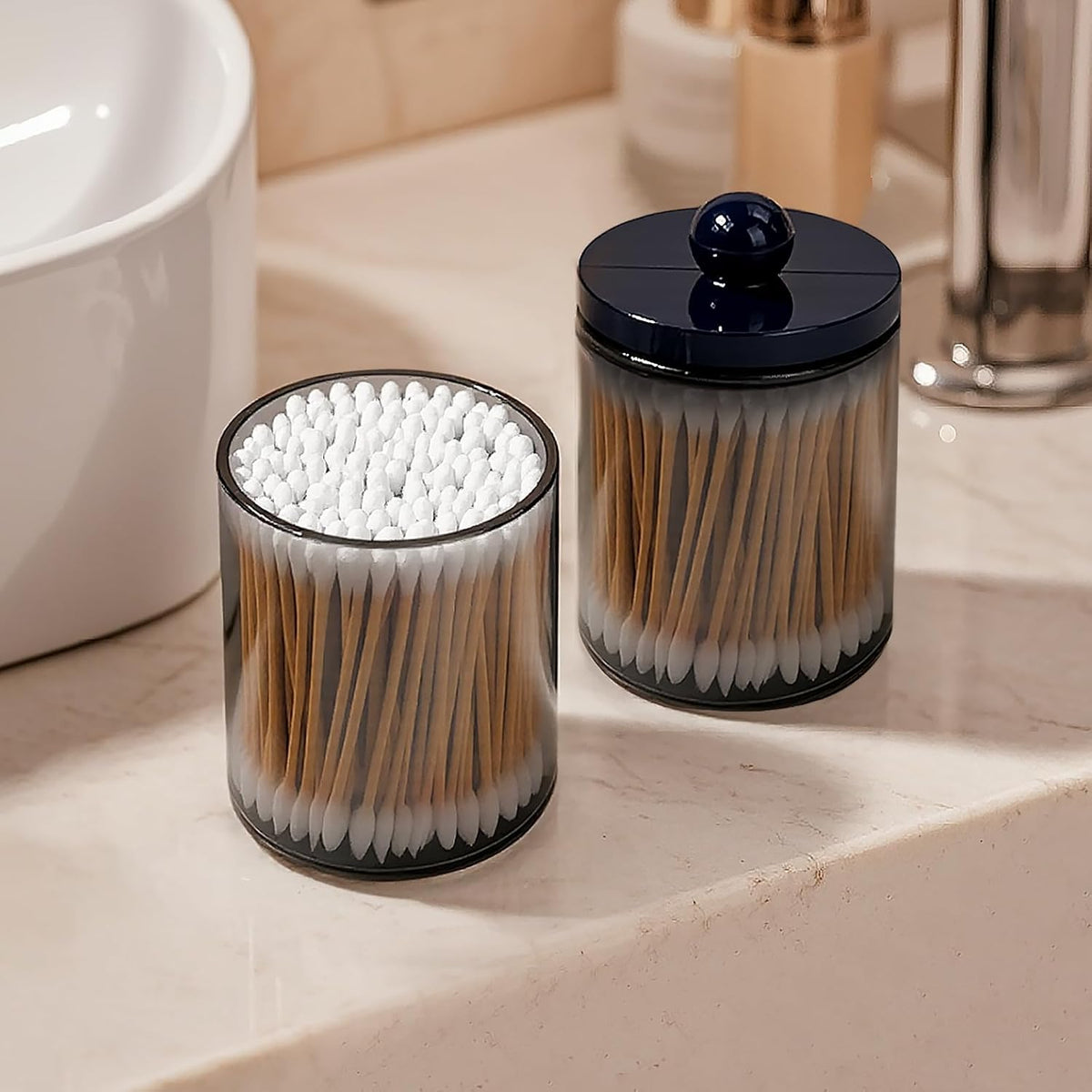 2-Pack Black Plastic Qtip and Cotton Swab Holder Dispenser Set for Bathroom Vanity Organization - Storage for Cotton Balls, Rounds, Floss Picks, Hair Clips