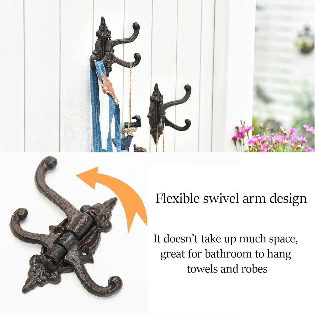 Sungmor 2-Pack Cast Iron 3-in-1 Flexible & Functional Swivel Wall Hook