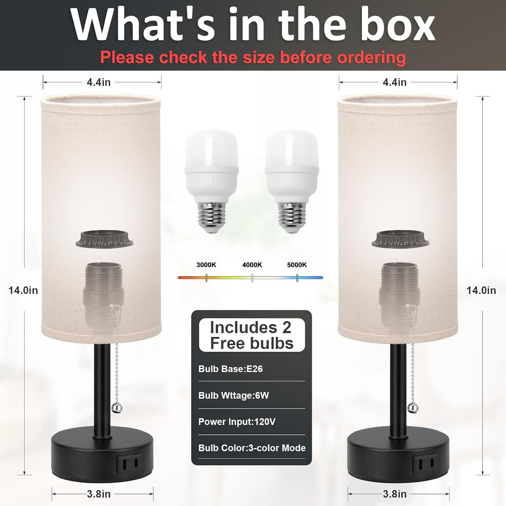 Beige Bedside Table Lamps Set of 2 - Bedroom Lamp for Desk, AC Outlet