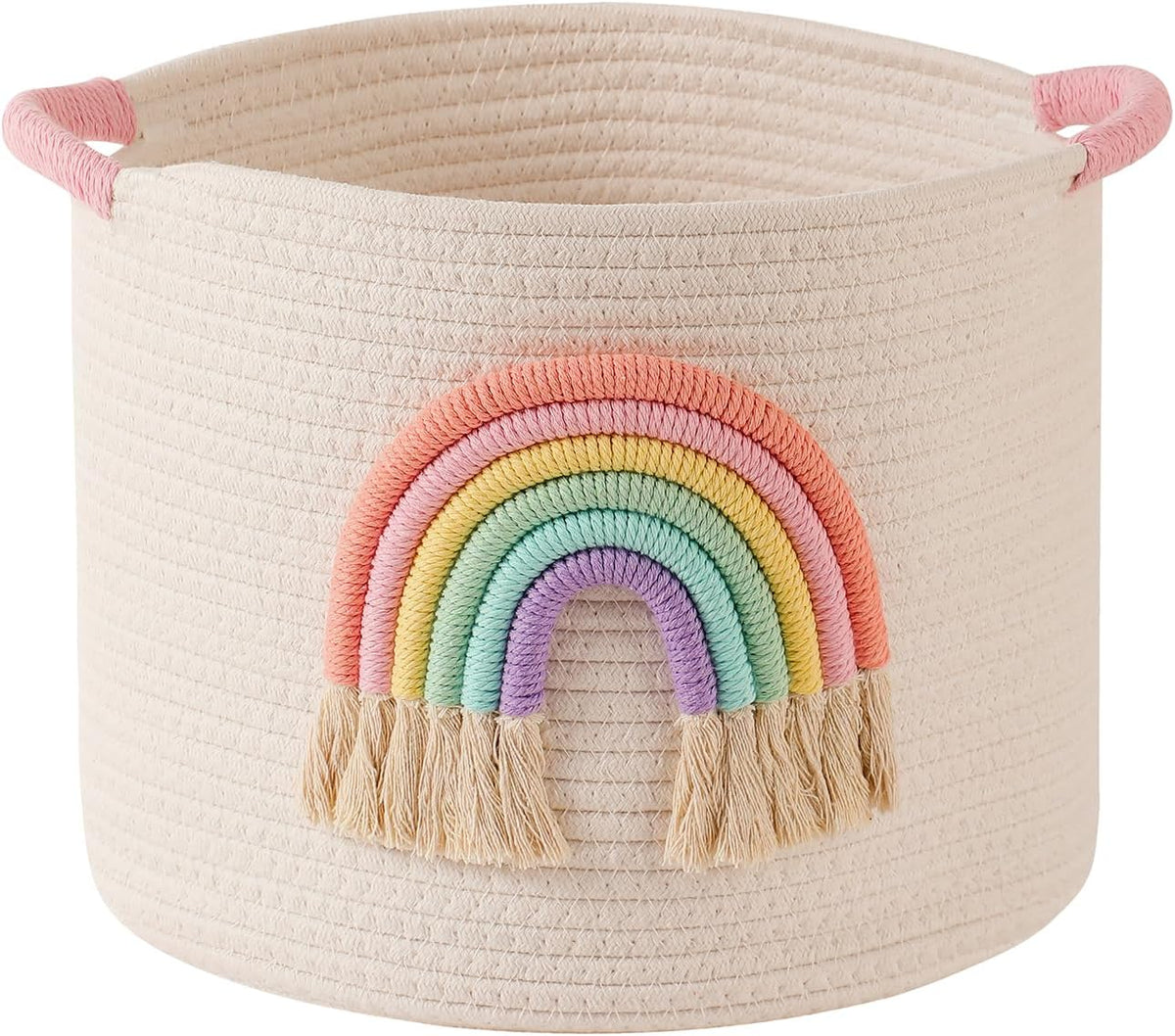 Toy Storage Baskets Woven Cotton Rope Storage Basket with Rainbow Decor for Kids, Blanket Baskets for Living Room Toys Organizer Rainbow Baby Gifts Basket with Handle for Girls Nursery Playroom