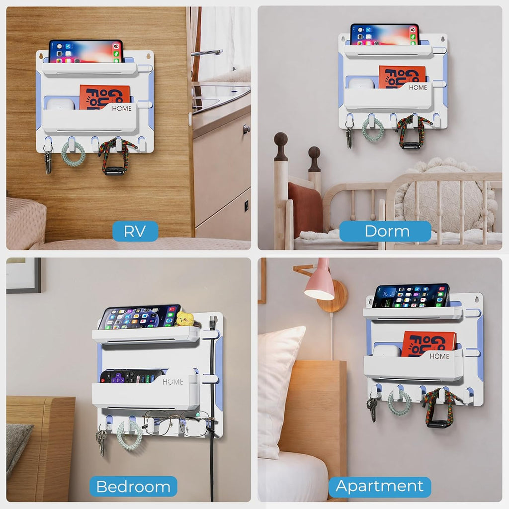 Bedside Shelf Wall Mount, Adhesive Bedside Shelf Accessories Organizer with Hooks and Cable Clips,Dorm Bedside Wall Storage for Phone, Remote, Earphone, Kindle,Plastic(White)