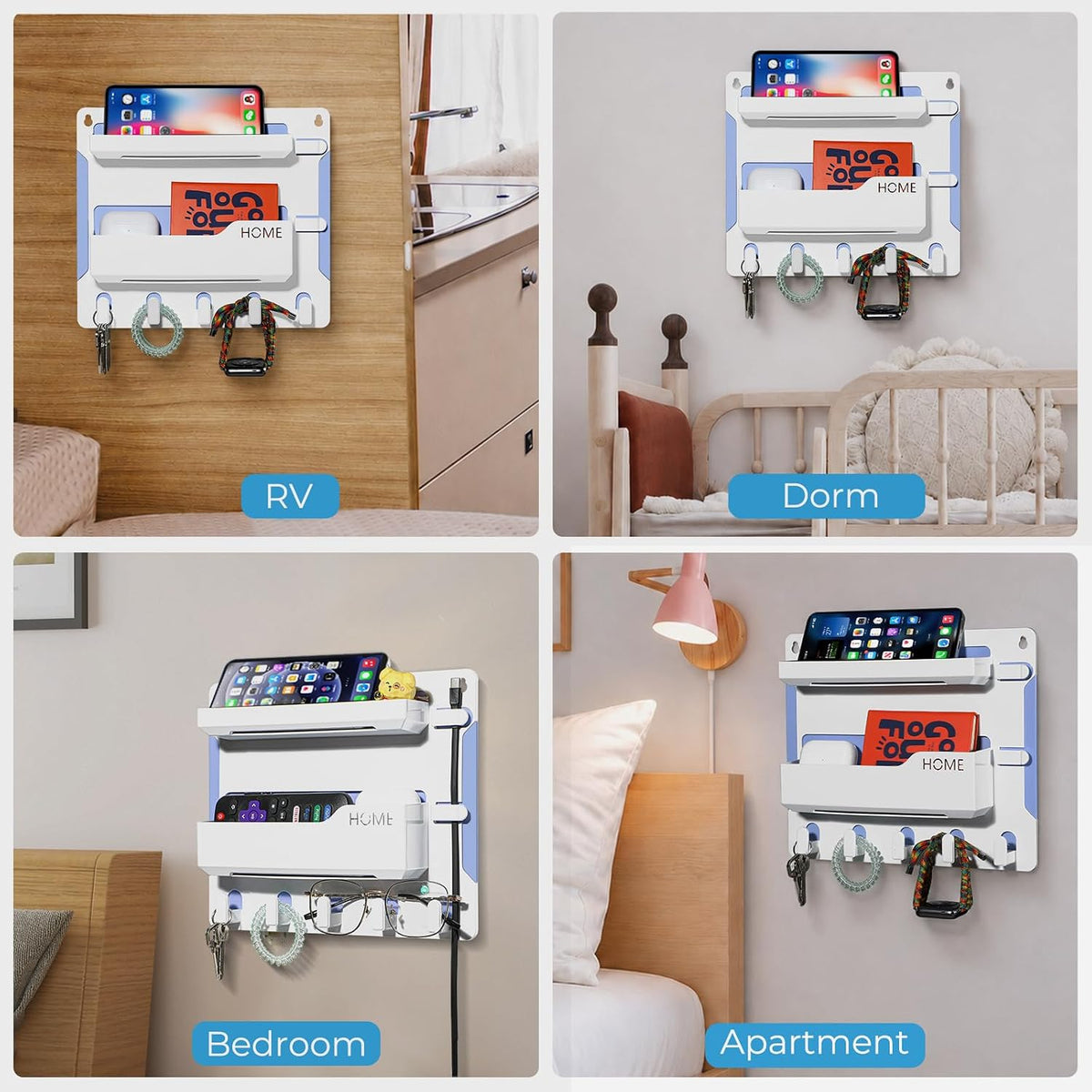 Bedside Shelf Wall Mount, Adhesive Bedside Shelf Accessories Organizer with Hooks and Cable Clips,Dorm Bedside Wall Storage for Phone, Remote, Earphone, Kindle,Plastic(White)