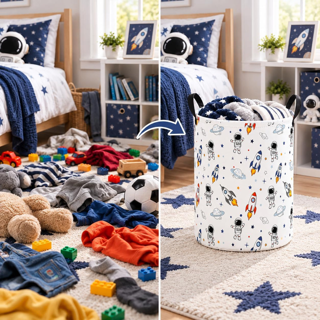 Space Laundry Hamper, Round Storage Basket with Handles, Foldable Cotton Linen Clothes Organizer Bin, Astronaut Rocket Planet Print for Bedroom, Nursery, College Dorm, Toy Storage