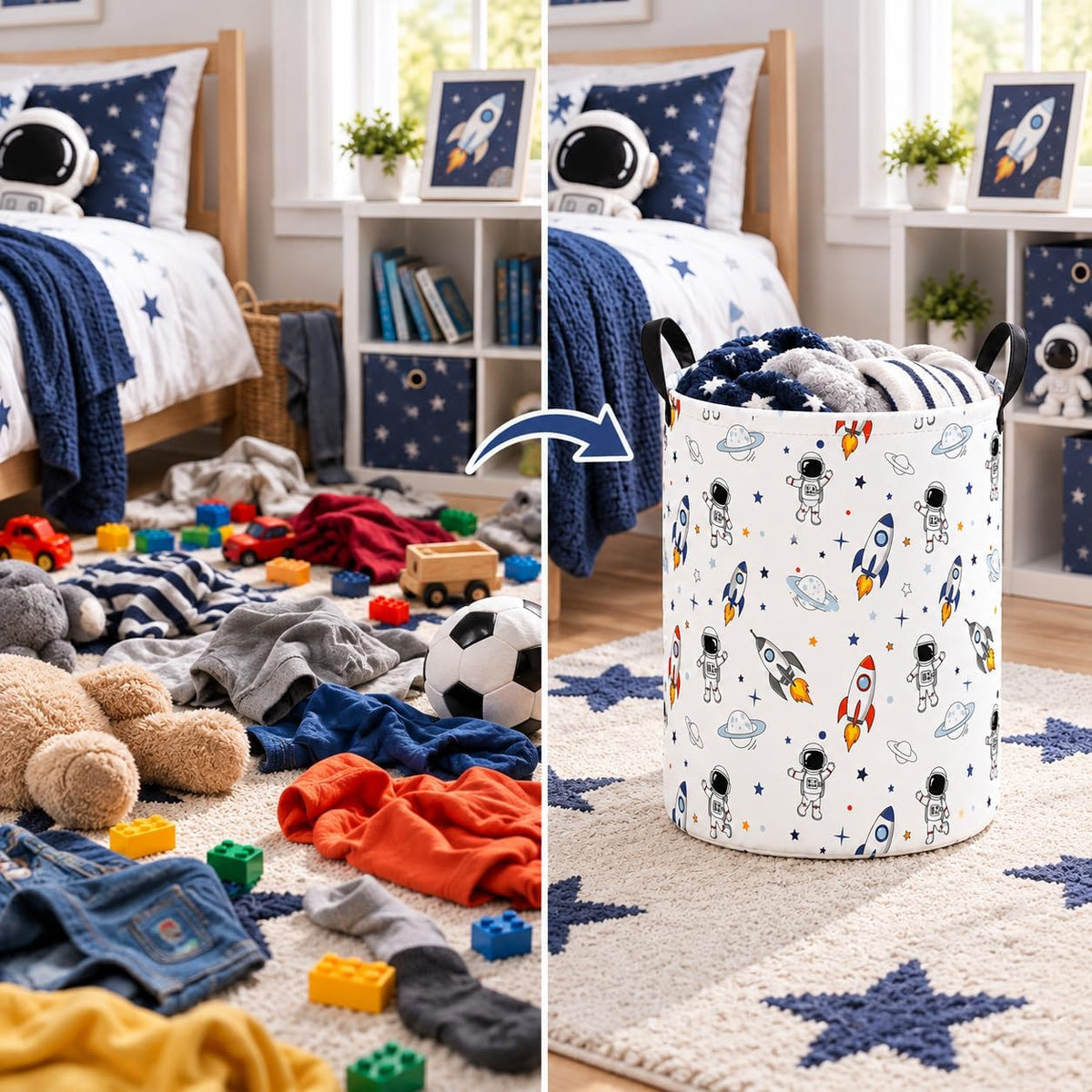 Space Laundry Hamper, Round Storage Basket with Handles, Foldable Cotton Linen Clothes Organizer Bin, Astronaut Rocket Planet Print for Bedroom, Nursery, College Dorm, Toy Storage