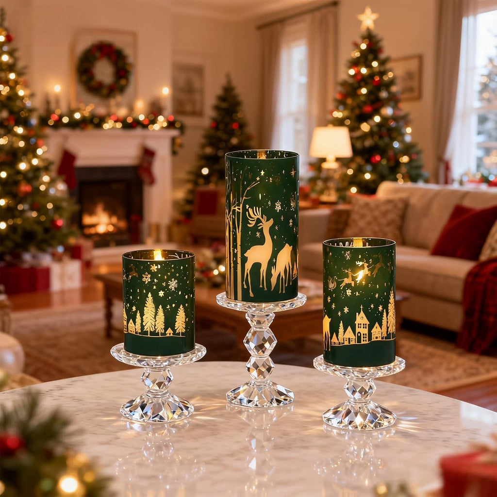 Green Christmas Flameless Candles Battery Operated Remote Timer