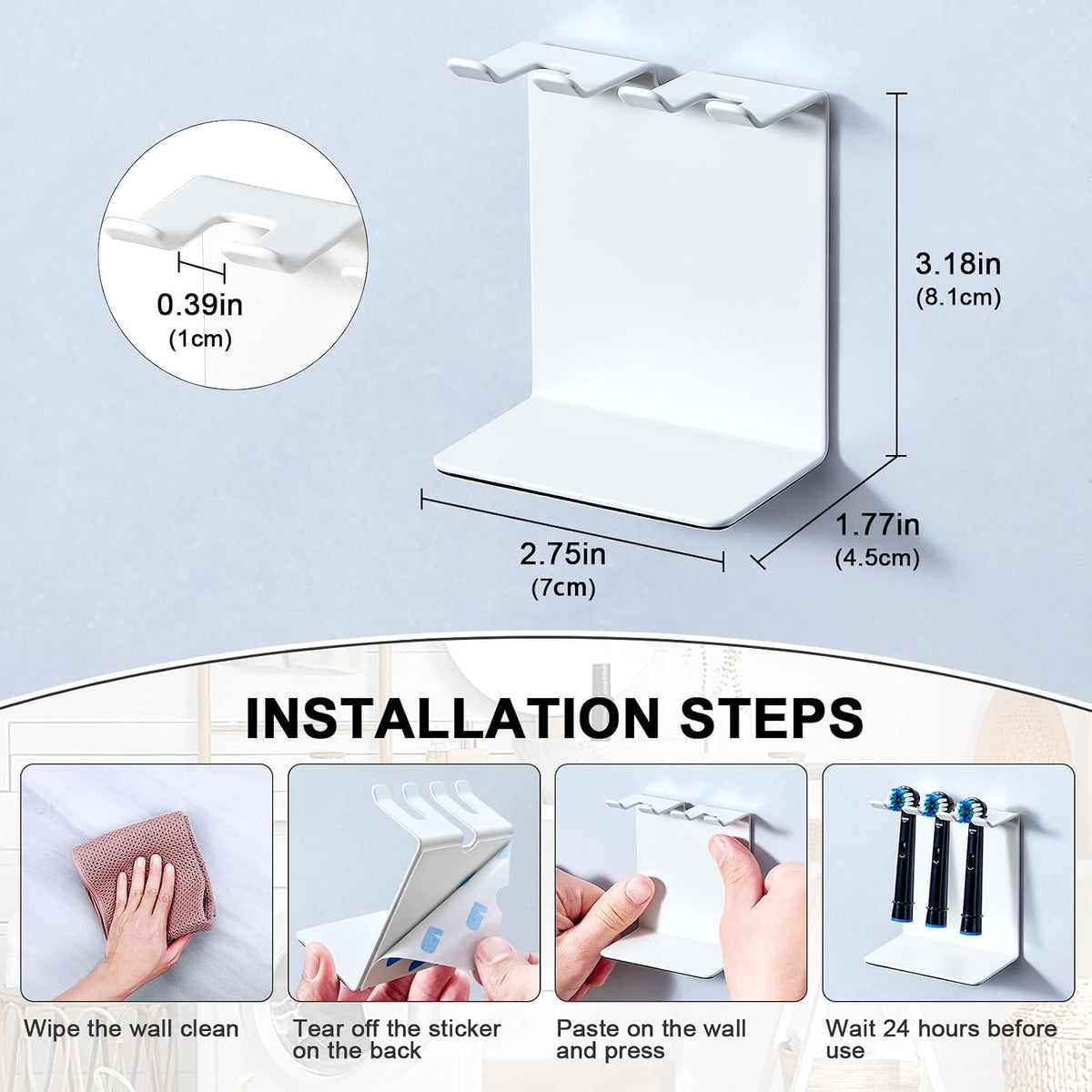 Electric Toothbrush Head Holder, Tooth Brushing Holder, Wall Mounted Toothbrush Holders Shower Bathroom, Self Adhesive or Desktop Tooth Brush Holder Organiser (White, Small)