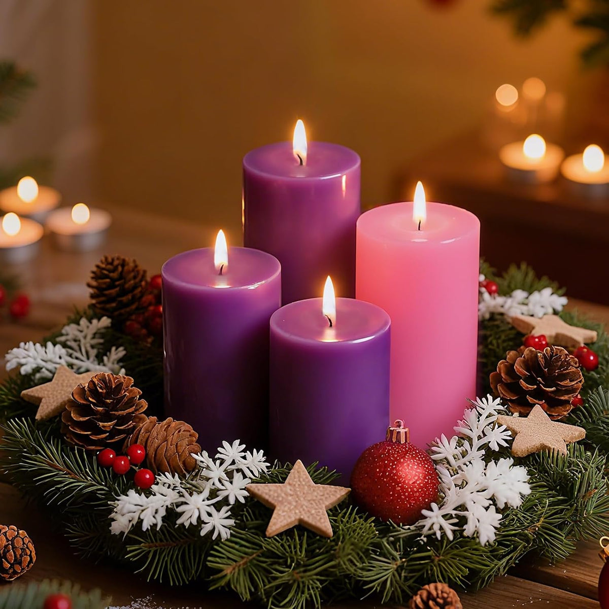 Advent Candle Set of 4, Unscented Pillar Candles 3" x 6" Hand-Poured, Advent Pillar Candle can Burn 120 Hours, Christmas Advent Candles for Advent Wreath