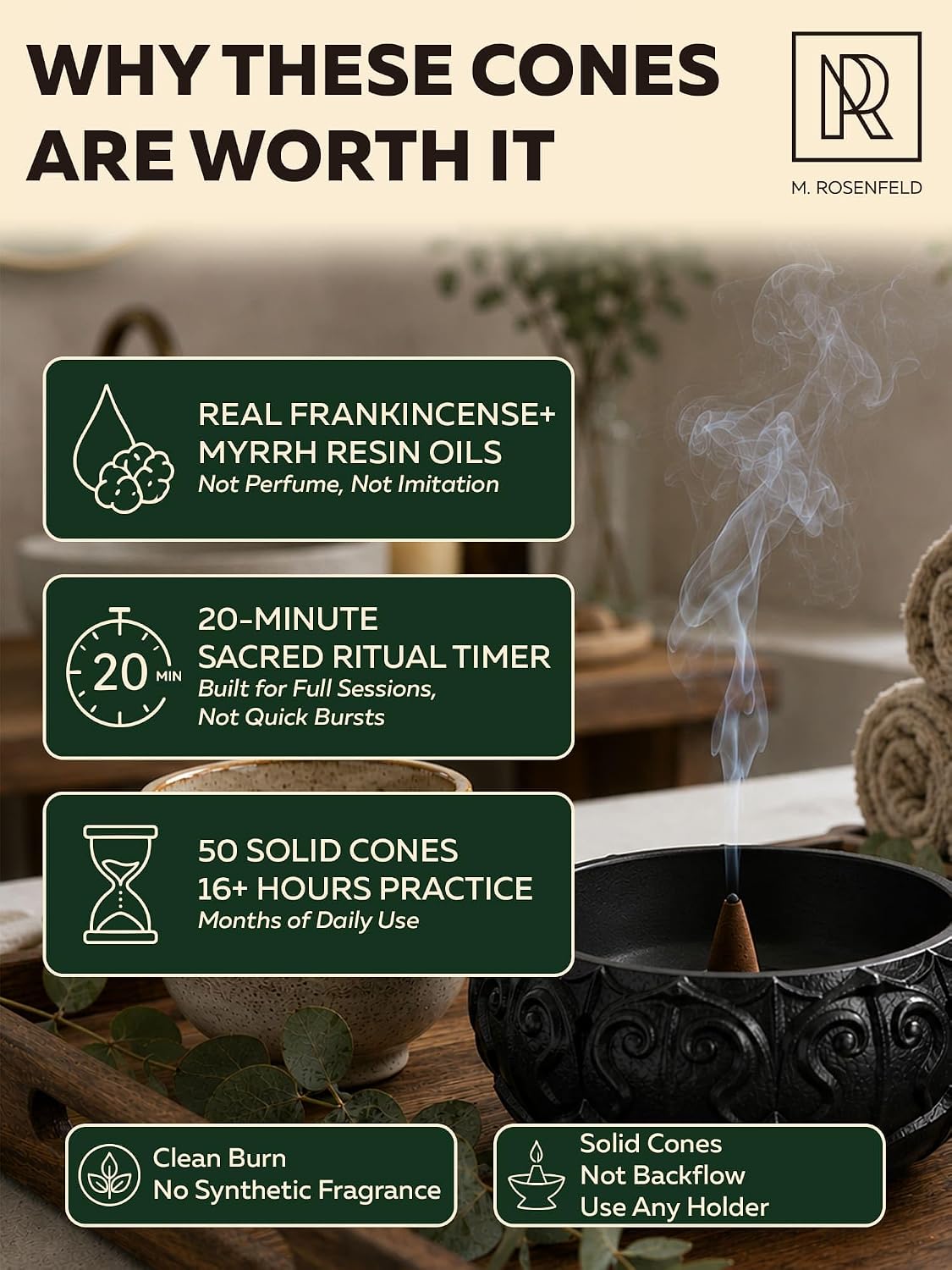 Frankincense and Myrrh Incense Cones 50 Pack - Authentic Resin Blend Cone Incense Scents, Premium Insence Cones for Meditation Yoga Aromatherapy, 1.5-Inch 20-Min Burn
