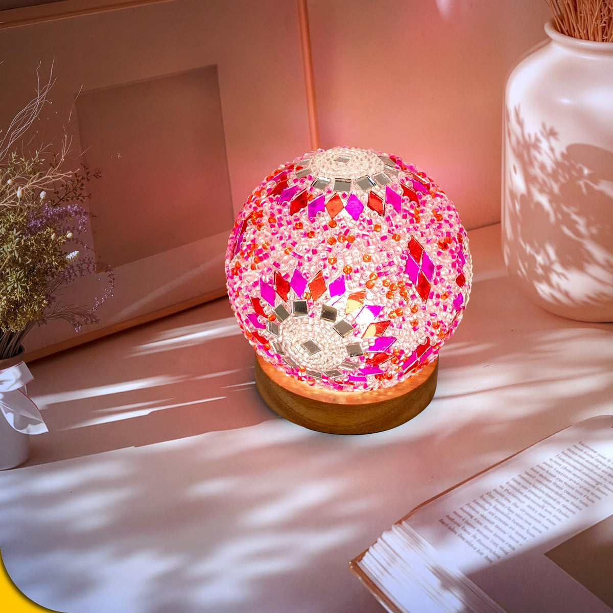 Turkish Mosaic Lamp, 3 Color Temperature Tiffany Bedside Lamp with USB Power, Moroccan Glass Lantern Table Lamp for Living Room Decor, Simple Control (D:4.7" x H:5.2") (Red1)