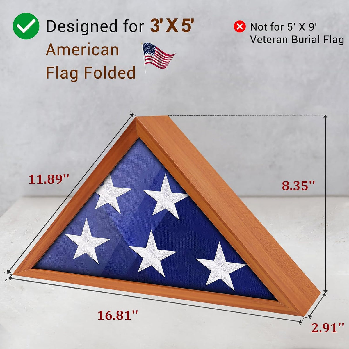 ASmileIndeep Flag Display Case for 3' x 5' Flag, American Flag Shadow Box with HD Tempered Glass and Wall Mount, Folded Triangle Flag Holder Frame for Small Flag (Not for Burial Flag) - Brown