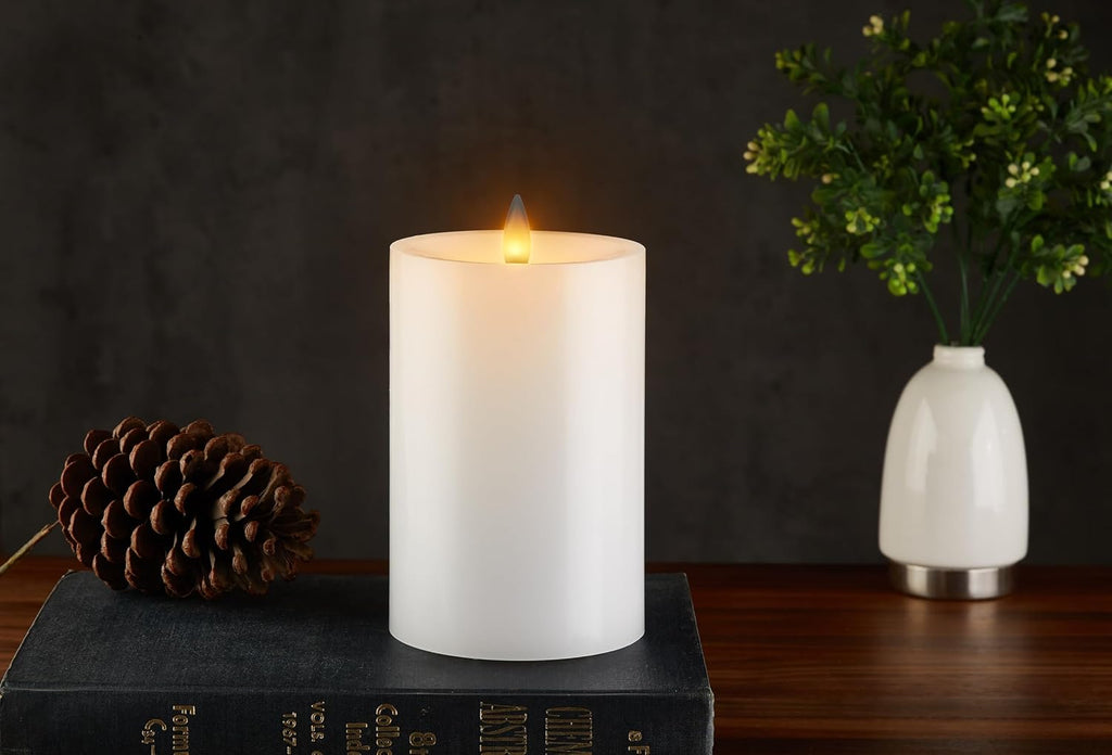 Flameless Pillar Candles Flickering with Remote Timer, Battery Operated LED Candles Up to 400 Hours, 3D Moving Flame Real Wax Candles, D4 x H6, Remote Included (White, 4inx6in)