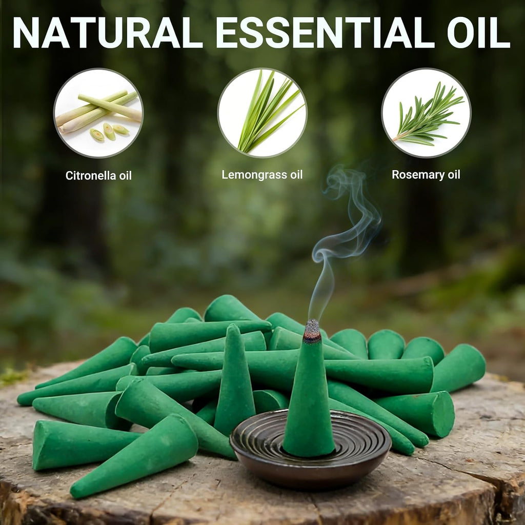 Citronella Incense Cones with Ceramic Dishes | Made with Plant-Based Ingredients | Citronella | Lemongrass Oil | Rosemary Oil | Suitable for Indoor and Outdoor Use (65 Cones)