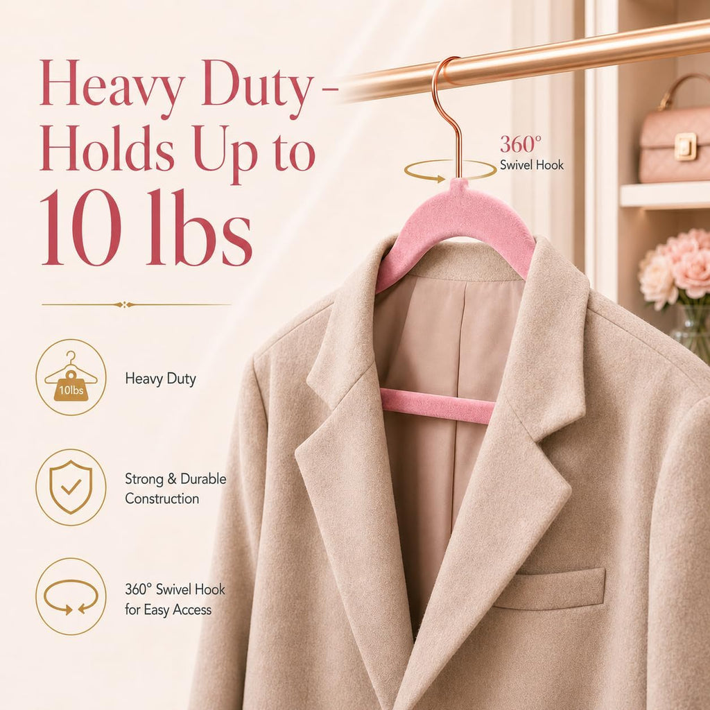 Smartor Pink Velvet Hangers 50 Pack, Non Slip Rose Gold Hook Felt Hangers